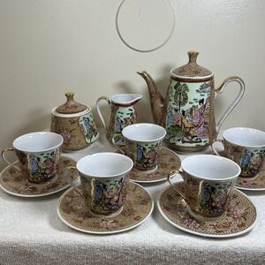 Antique Japanese Satsuma Tea Set teapot, Creamer, Sugar, Cups Saucers Numbered